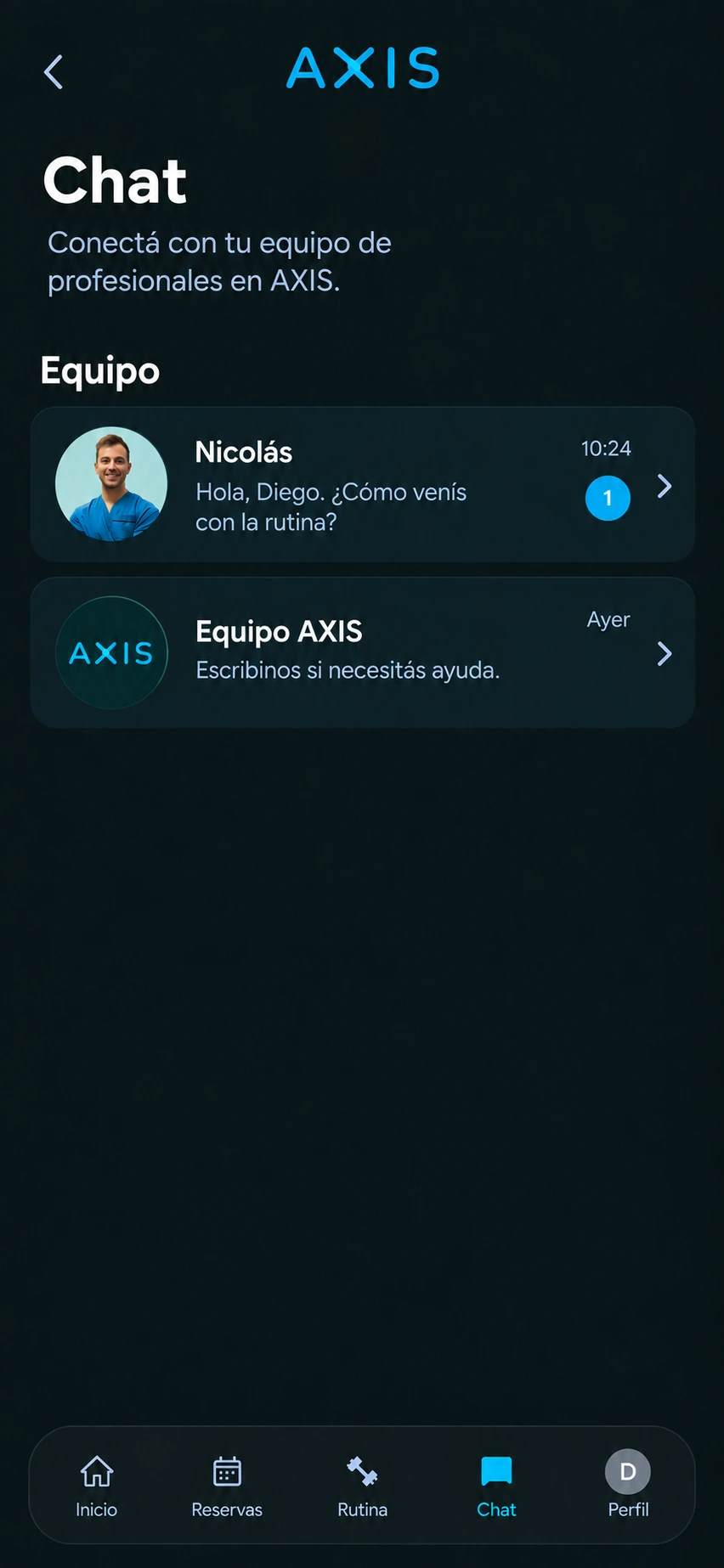 Bandeja de conversaciones con el equipo dentro de Axis App