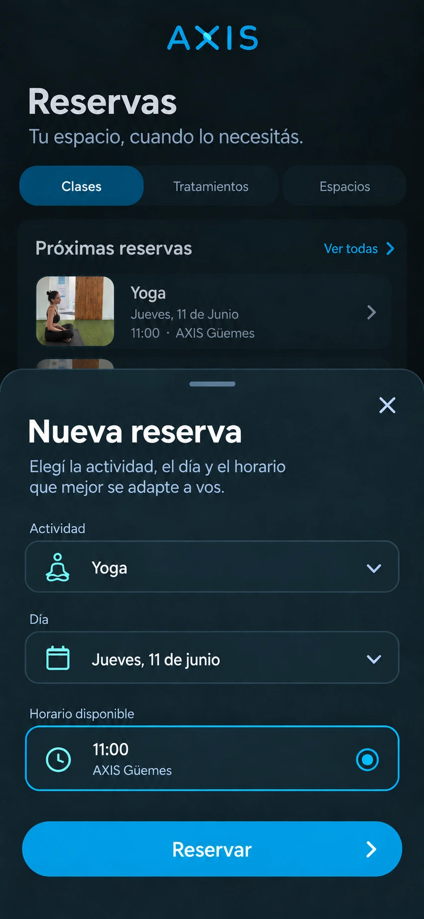 Popup para elegir actividad, día y horario de una nueva reserva en Axis App