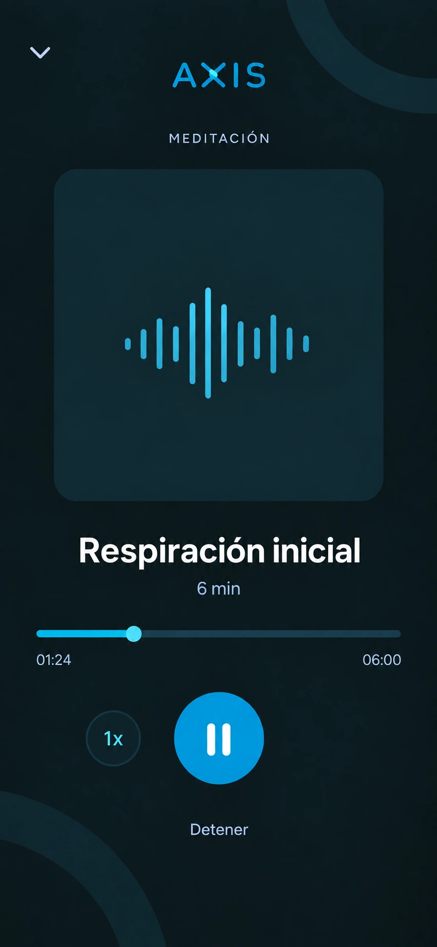 Reproductor de meditación y respiración inicial dentro de Axis App
